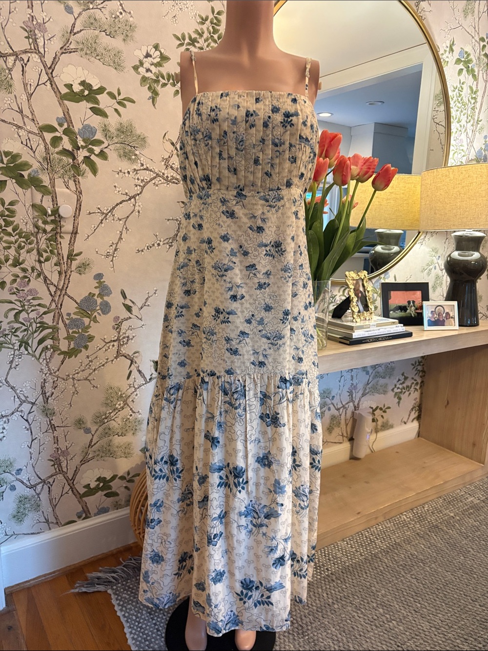 Blue Floral Cream Maxi Dress with Square Neck